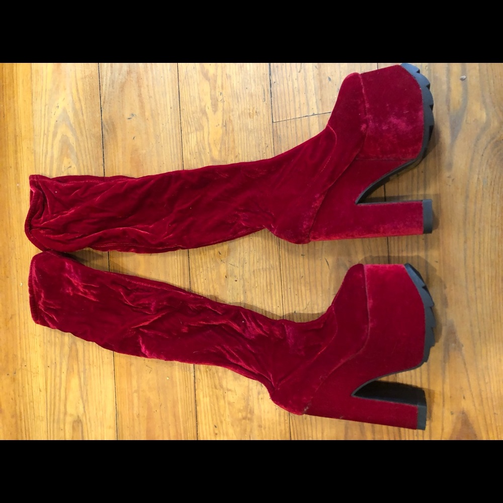 Red velvet thigh high over the knee boots women’s size 10